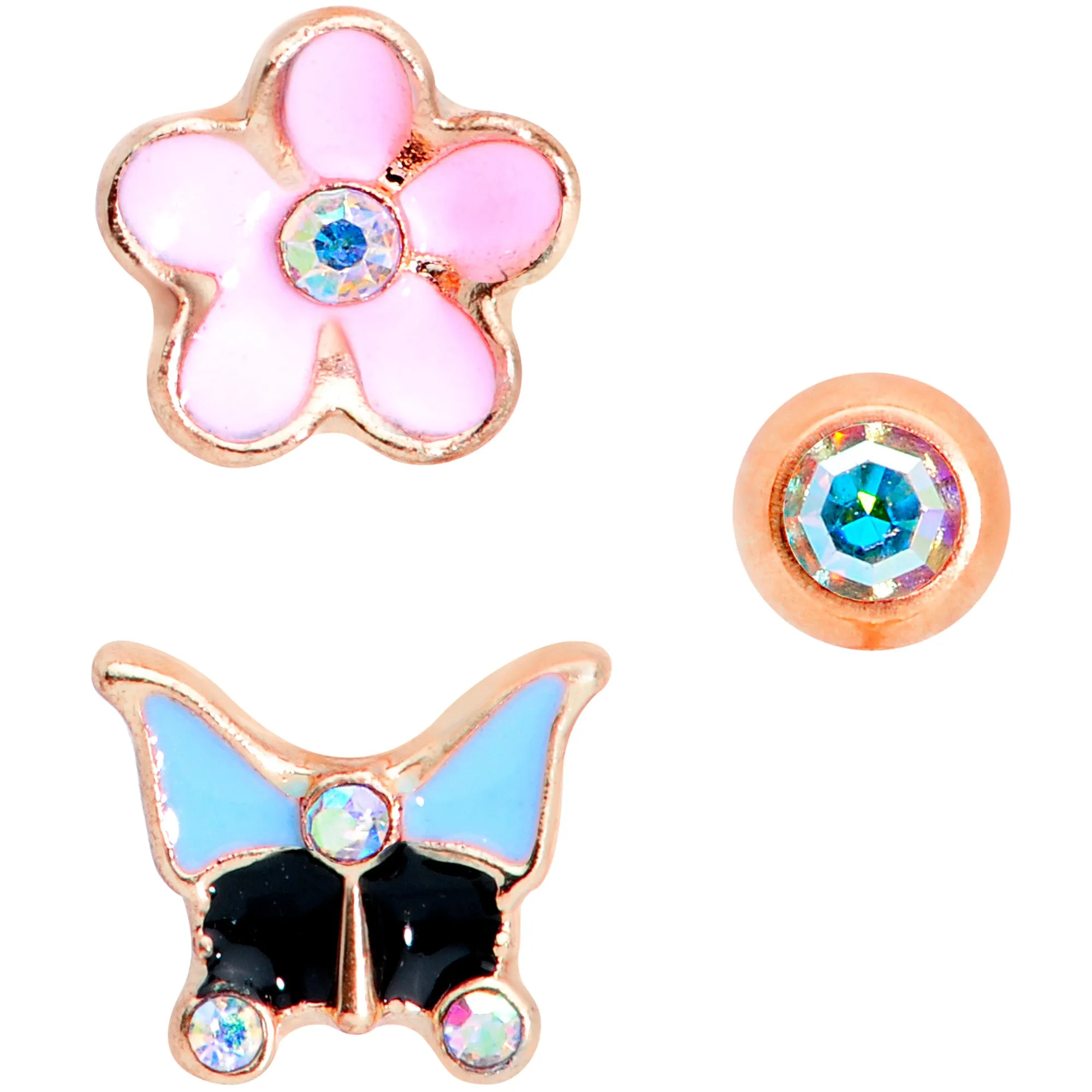 16 Gauge 1/4 Aurora Gem Rose Gold Tone Flower Cartilage Tragus Set of 3