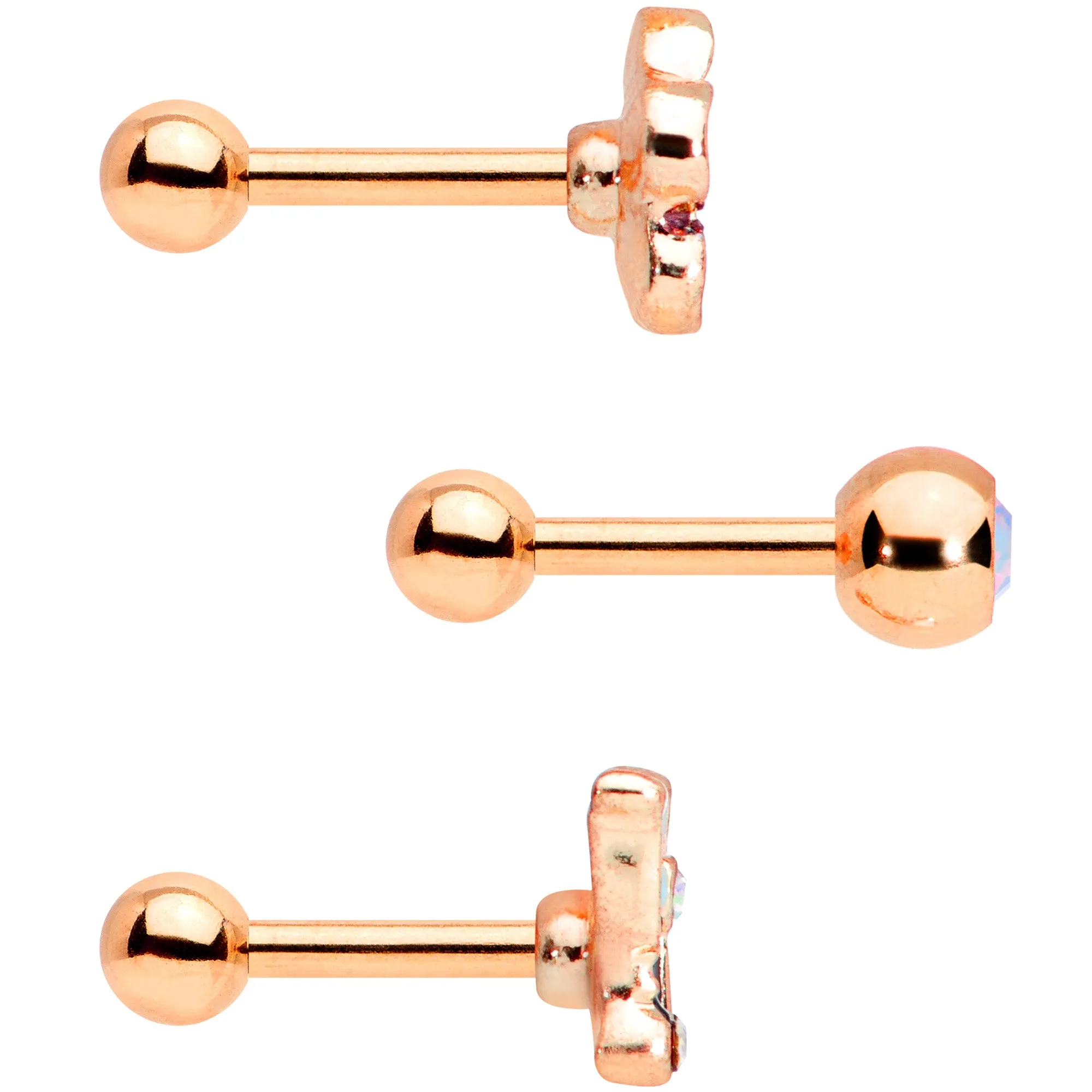16 Gauge 1/4 Aurora Gem Rose Gold Tone Flower Cartilage Tragus Set of 3