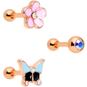 16 Gauge 1/4 Aurora Gem Rose Gold Tone Flower Cartilage Tragus Set of 3