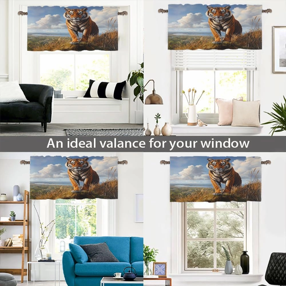 1 Panel Forest Tiger View Valances for Windows, Mountain Grassland Wildlife Rod Pocket Valance Curtains Home Decor Window Treatment for Kitchen/Living Room, 54" W X 18" L