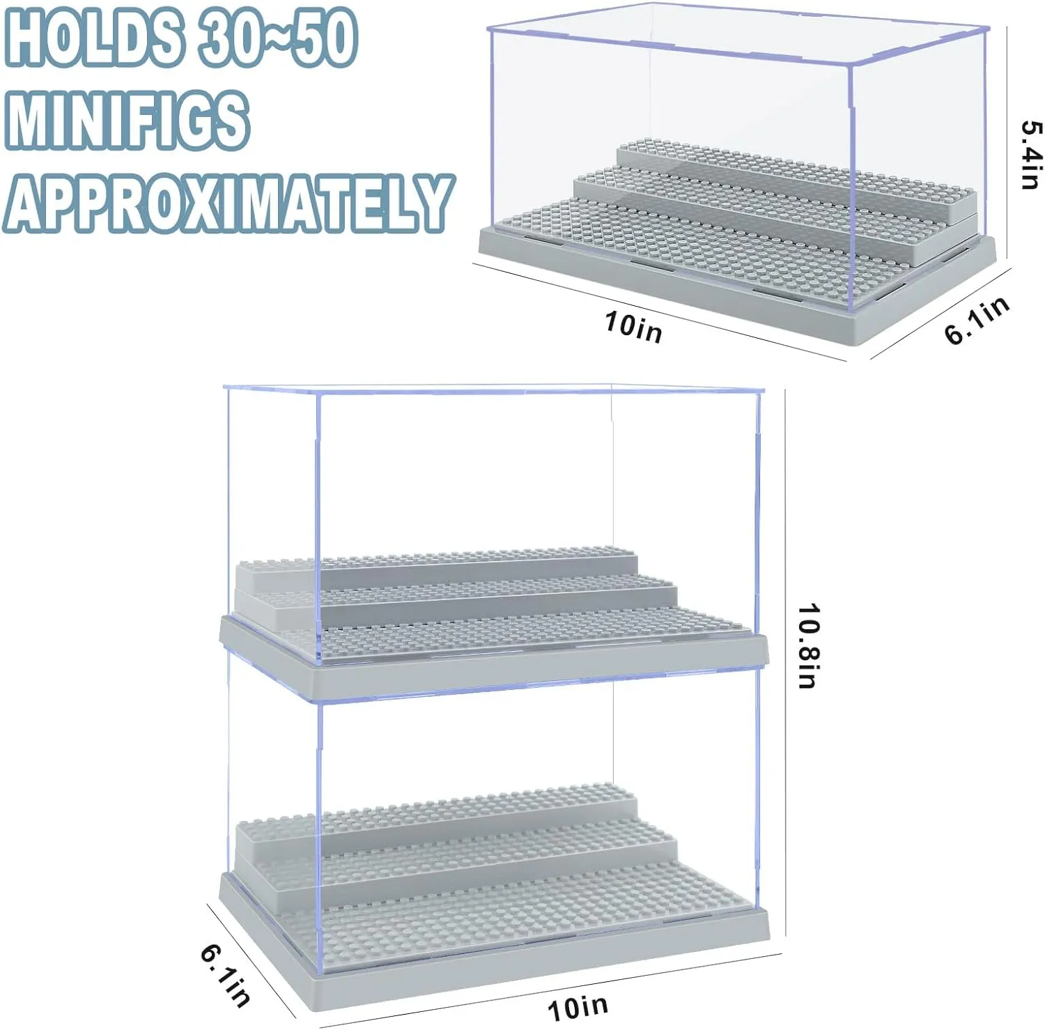 2 Pack Display Case for Minifigure Action Figures Blocks, Acrylic Minifigure Display Case Box Storage with 3 Movable Steps Gift for Kids Adults (Grey)