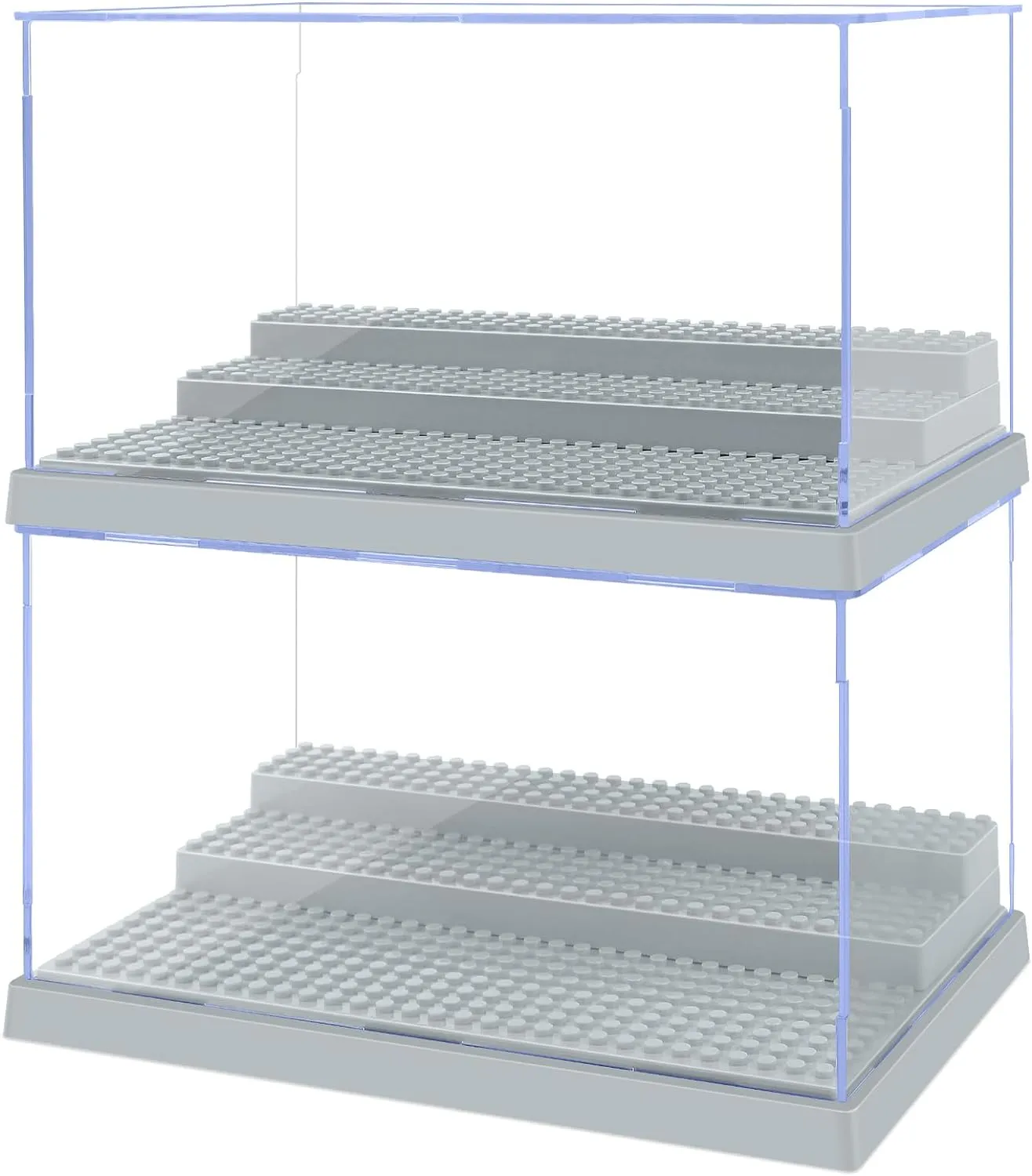 2 Pack Display Case for Minifigure Action Figures Blocks, Acrylic Minifigure Display Case Box Storage with 3 Movable Steps Gift for Kids Adults (Grey)