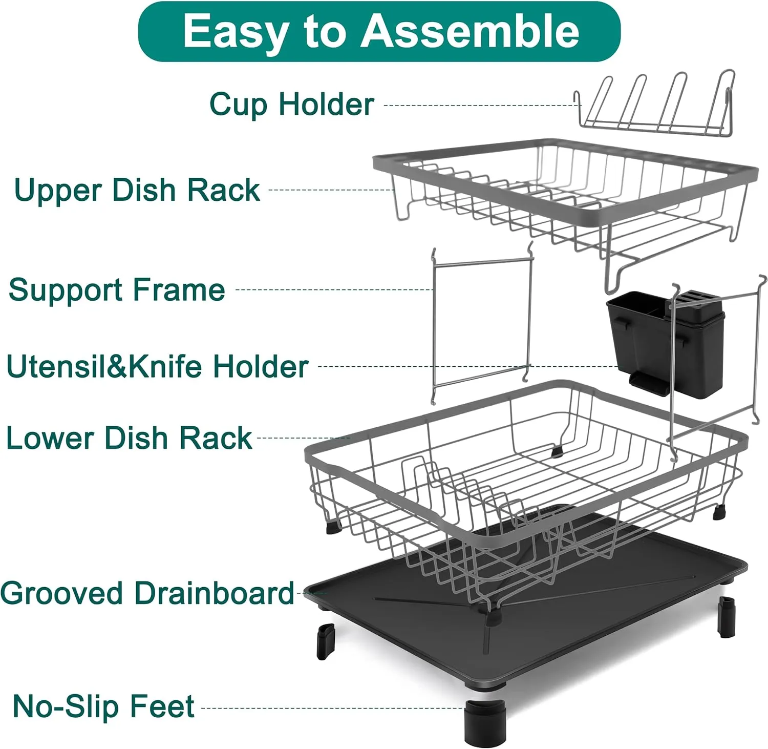 2-Tier Dish Drying Rack for Kitchen Counter,Space-Saving Dish Rack with Drainboard,Rustproof Countertop Dish Drainer with Utensil Holder for Sink,Gray
