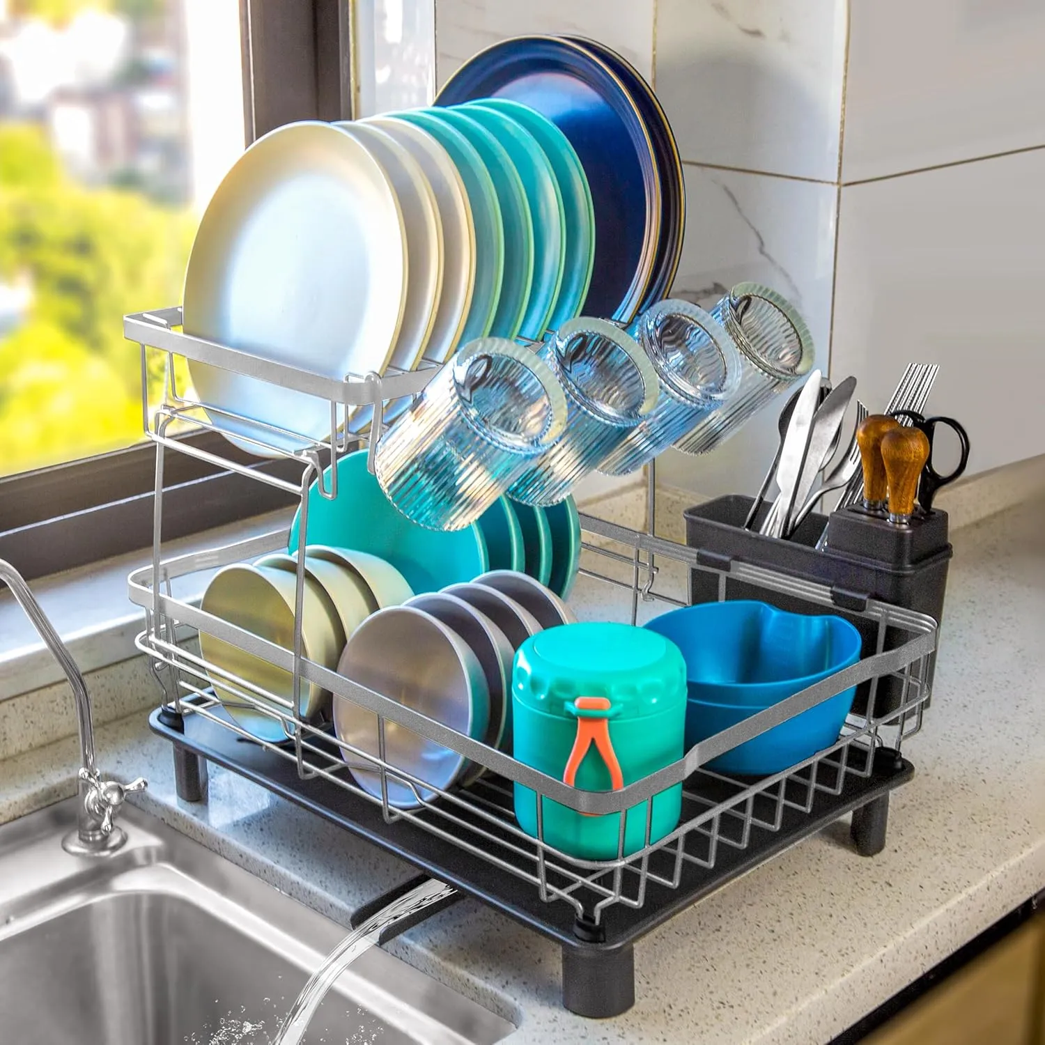 2-Tier Dish Drying Rack for Kitchen Counter,Space-Saving Dish Rack with Drainboard,Rustproof Countertop Dish Drainer with Utensil Holder for Sink,Gray