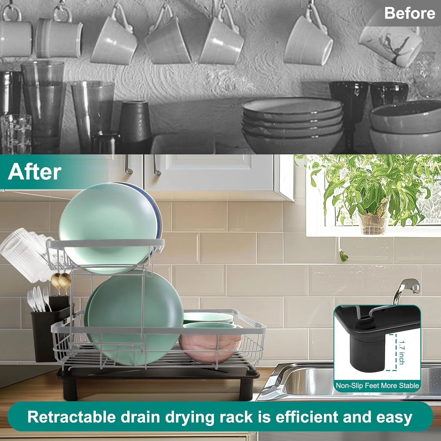 2-Tier Dish Drying Rack for Kitchen Counter,Space-Saving Dish Rack with Drainboard,Rustproof Countertop Dish Drainer with Utensil Holder for Sink,Gray