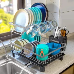 2-Tier Dish Drying Rack for Kitchen Counter,Space-Saving Dish Rack with Drainboard,Rustproof Countertop Dish Drainer with Utensil Holder for Sink,Gray