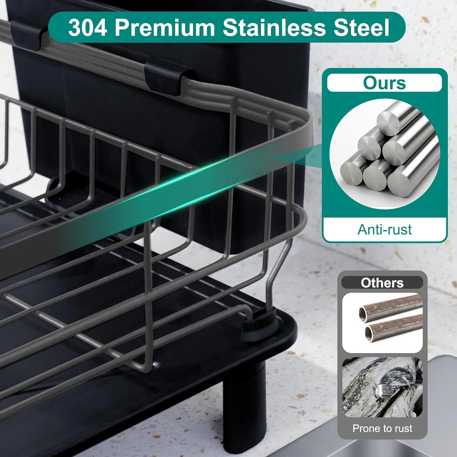 2-Tier Dish Drying Rack for Kitchen Counter,Space-Saving Dish Rack with Drainboard,Rustproof Countertop Dish Drainer with Utensil Holder for Sink,Gray