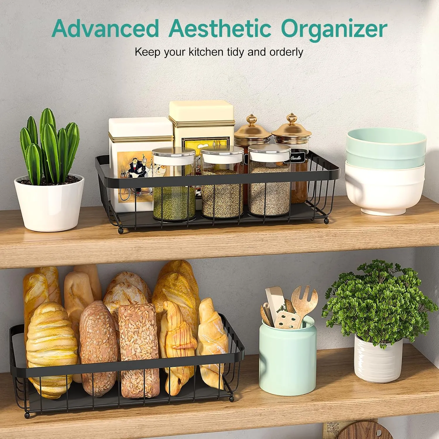 2 Tier Fruit Basket for Kitchen Counter with 2 Mobile Banana Hangers, 2025 Pro Detachable Metal Fruit Bowl with Wooden Handle, Fruit Holder for Bread Snack Veggies with Protective Mats