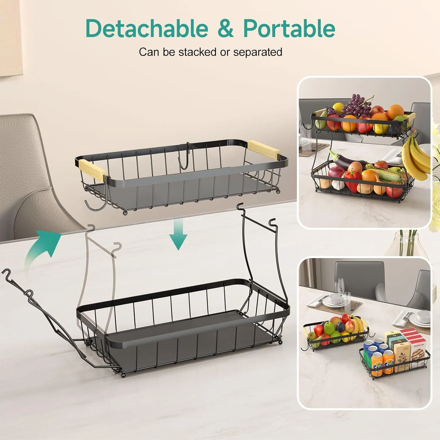 2 Tier Fruit Basket for Kitchen Counter with 2 Mobile Banana Hangers, 2025 Pro Detachable Metal Fruit Bowl with Wooden Handle, Fruit Holder for Bread Snack Veggies with Protective Mats