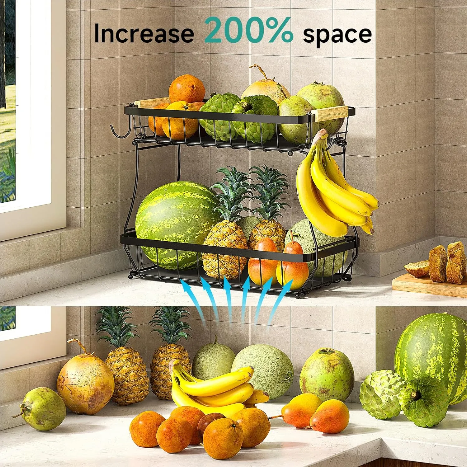 2 Tier Fruit Basket for Kitchen Counter with 2 Mobile Banana Hangers, 2025 Pro Detachable Metal Fruit Bowl with Wooden Handle, Fruit Holder for Bread Snack Veggies with Protective Mats