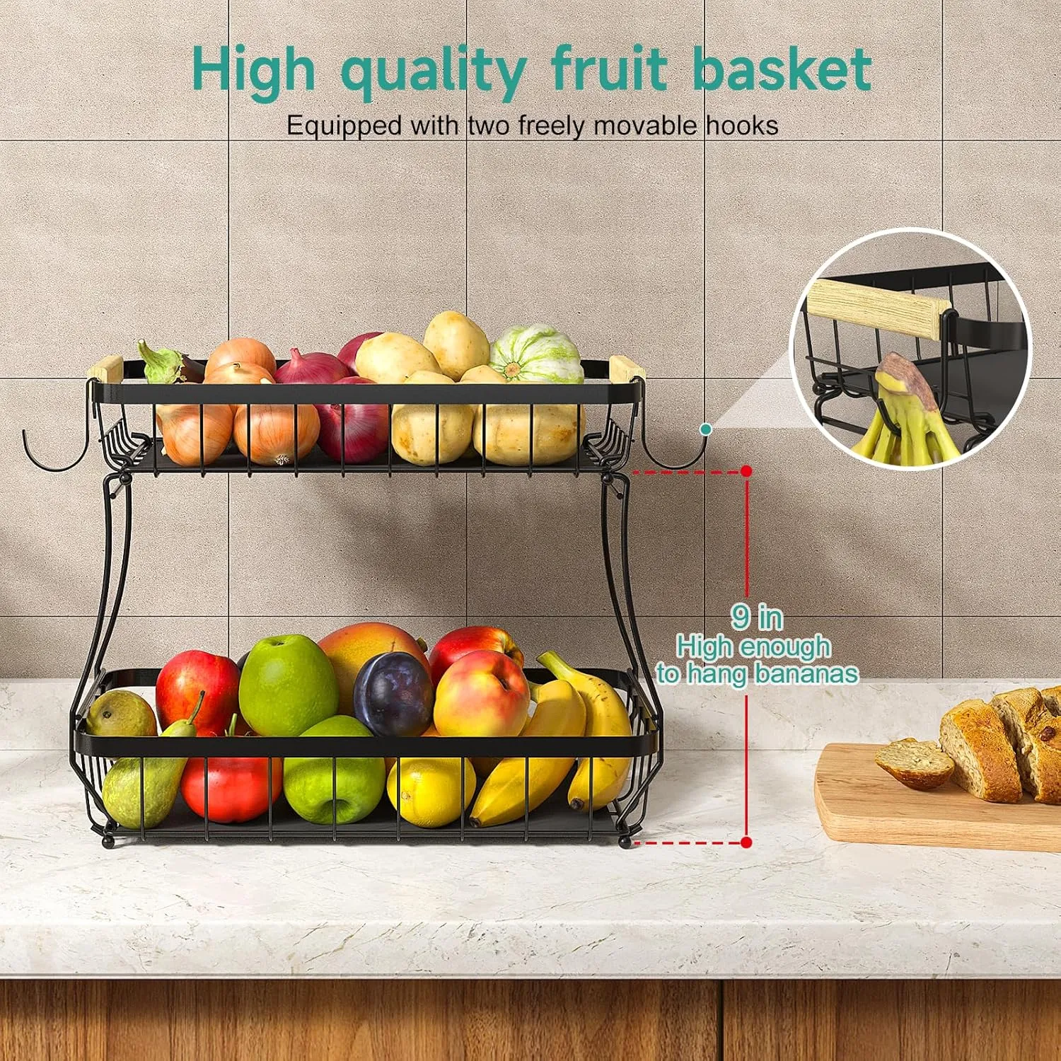 2 Tier Fruit Basket for Kitchen Counter with 2 Mobile Banana Hangers, 2025 Pro Detachable Metal Fruit Bowl with Wooden Handle, Fruit Holder for Bread Snack Veggies with Protective Mats