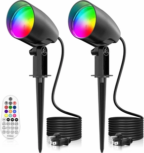20W RGBW Spotlight Outdoor/Indoor Landscape Lighting with Dimmable, Timer, Memory Function - IP66 Waterproof 120V Spotlights for Garden, Lawn Pathway with US 3-Plug in (2 Pack)