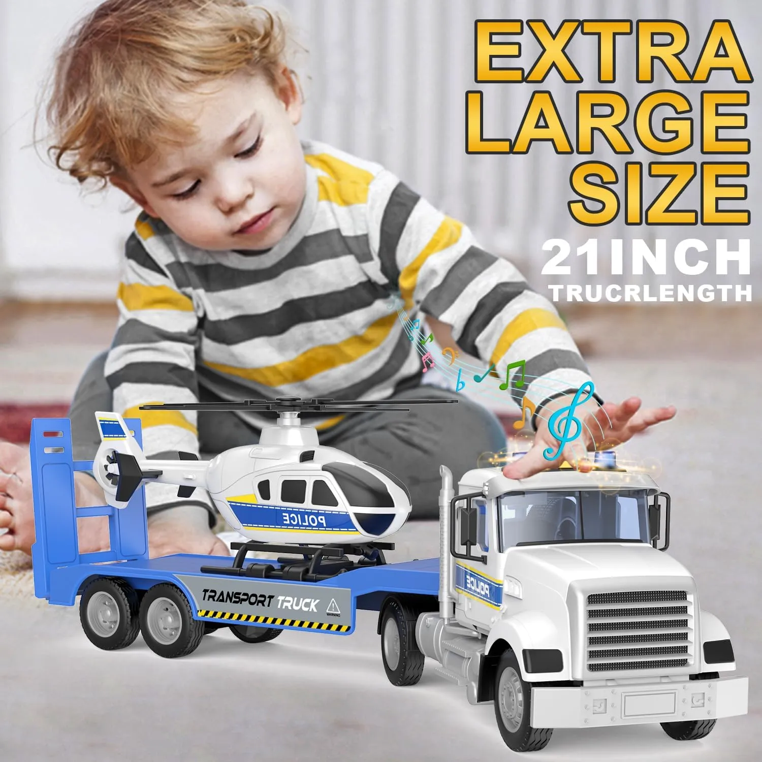 22" Semi Police Truck Toy with Helicopter for Kids Toddlers -Police Car Toys, Birthday for Boy Girl Toddler Child 3 4 5 6 7 Years Old