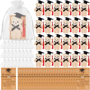 24 Set Graduation Stuffed Bears Set Mini Bears in Cap Graduation Cards and Adjustable Bracelet Bulks with White Organza Bag Plush Gifts