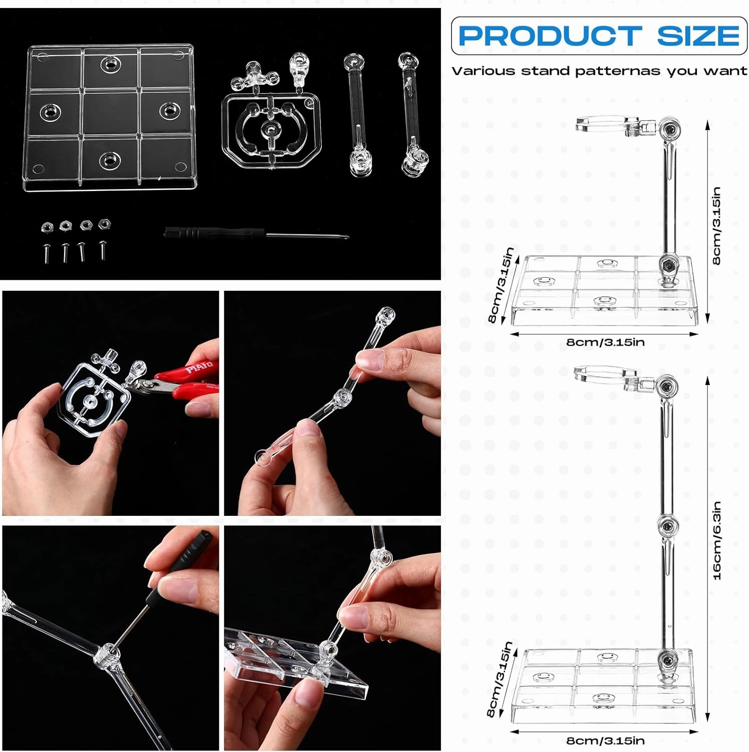 24 Pack Action Figure Stand Model Support Stand Clear Doll Base Assembly Action Figure Display Holder Base with Screwdriver Compatible HG/RG 1/144 Toy, Transparent(6.3 Inches)