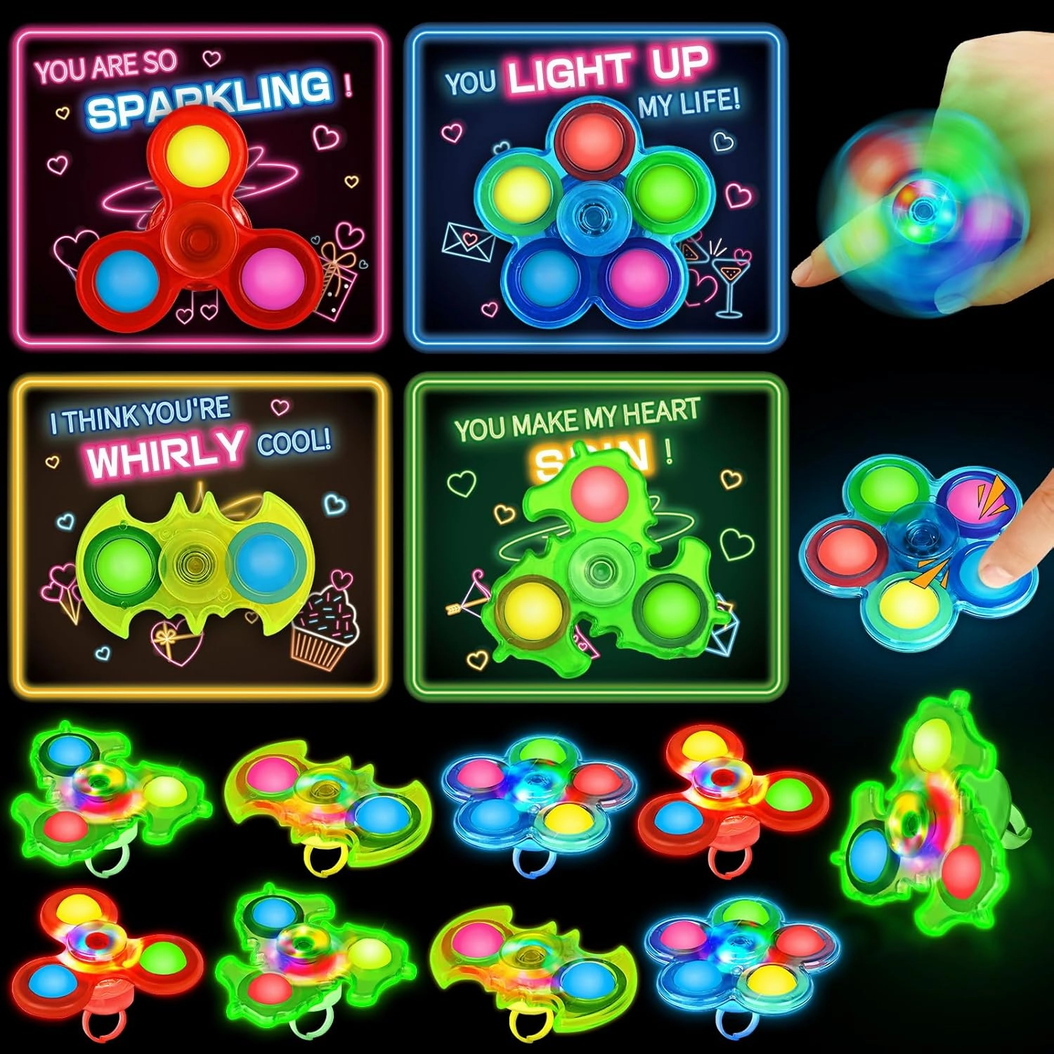 24 Pack Light Up Fidget Spinners with Valentines Day Cards for Kids Boys Girls, Unisex Valentine School Party Favors, Children's Multi-Item Party Favor Packs