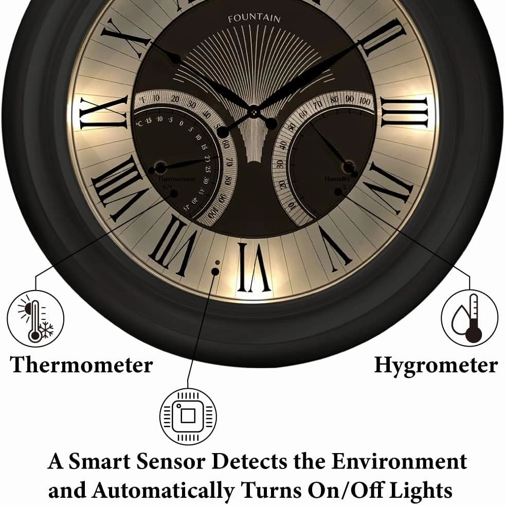 24" Jameson in/Outdoor Lighted Clock, Self-Illuminated, Waterproof, 3 in 1 Weather Station (Thermometer & Hygrometer) (Morning Silver)
