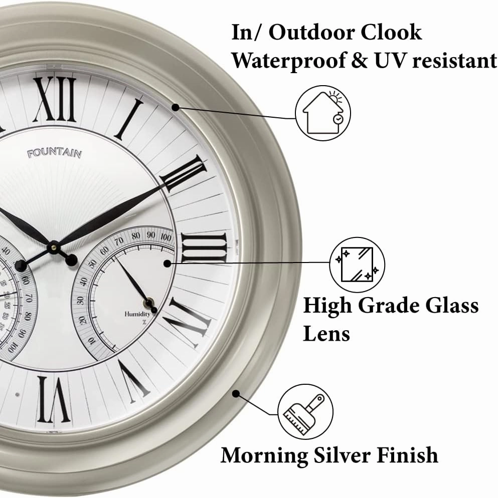 24" Jameson in/Outdoor Lighted Clock, Self-Illuminated, Waterproof, 3 in 1 Weather Station (Thermometer & Hygrometer) (Morning Silver)