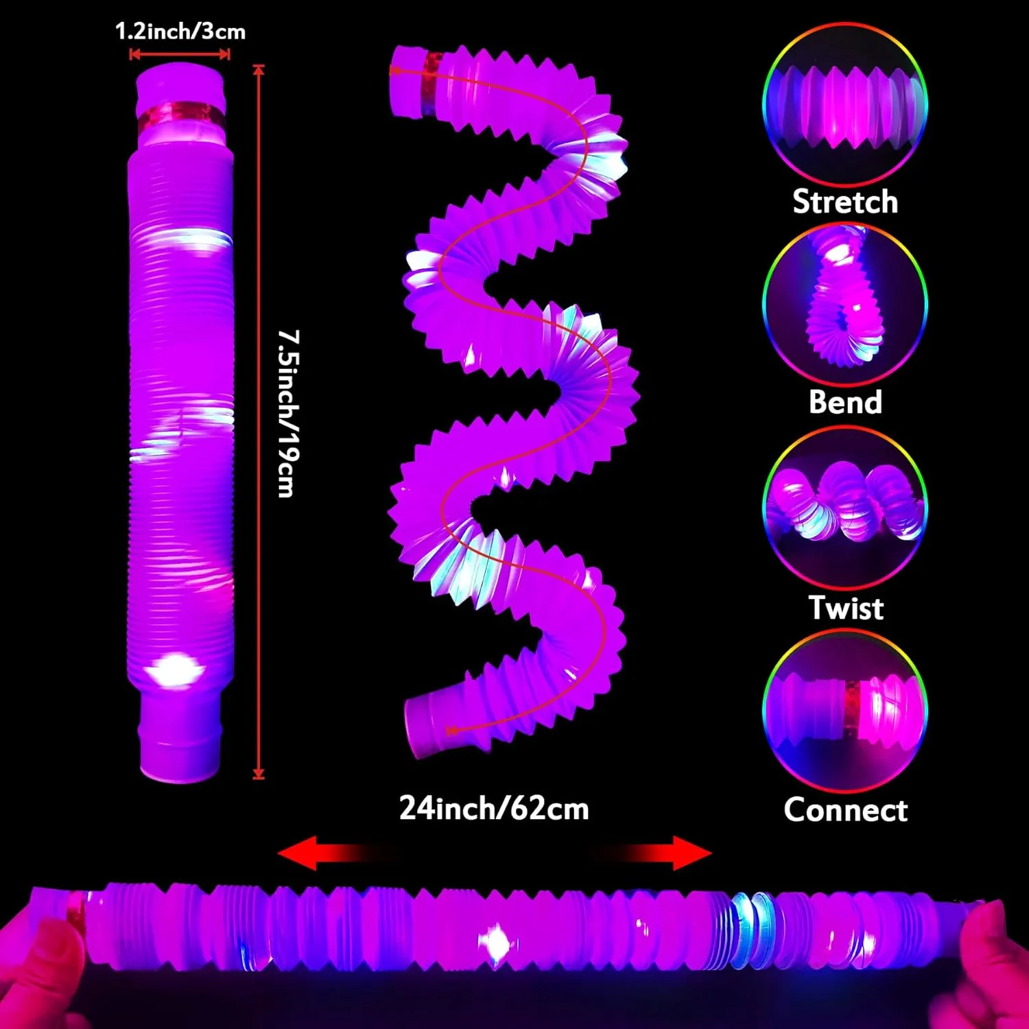 24Pack Light Up Pop Tubes,Purple Glow Sticks Party Favors for Kids Easter Basket,LED Sensory Fidget Tubes,Glow Necklace Bracelets for Goodie Bag Stuffers,Mardi Gras Party Gifts for Boy Girl