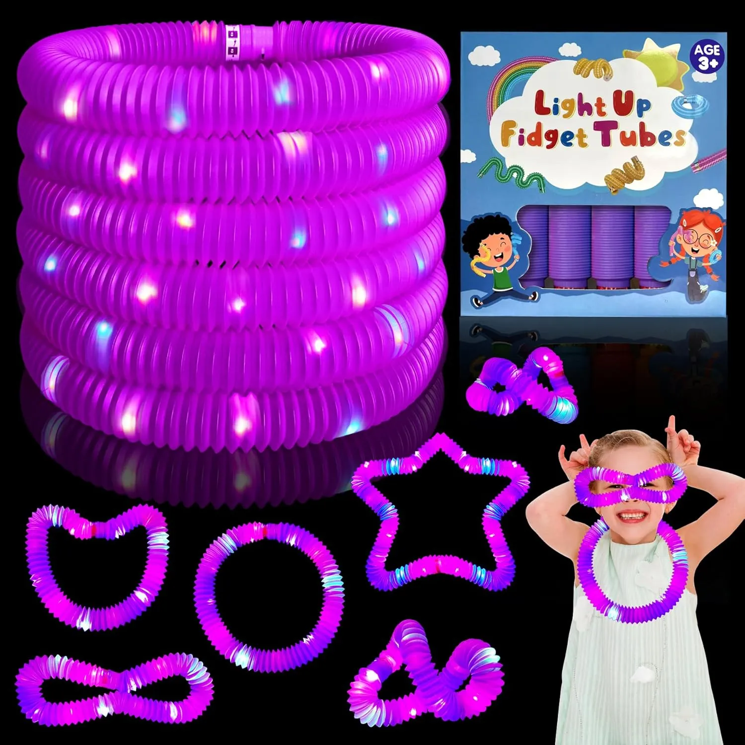 24Pack Light Up Pop Tubes,Purple Glow Sticks Party Favors for Kids Easter Basket,LED Sensory Fidget Tubes,Glow Necklace Bracelets for Goodie Bag Stuffers,Mardi Gras Party Gifts for Boy Girl