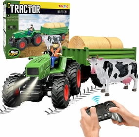 2.4GHz RC Tractor Toy Set with Auto/Manual Mode - Remote Control Truck & Trailer Set, 3 Round Hay Bales, Cow, Farm Vehicle Toys for Kids 3 4 5 6 7 8 9 Year Old Boys Girls (Gift Ready)
