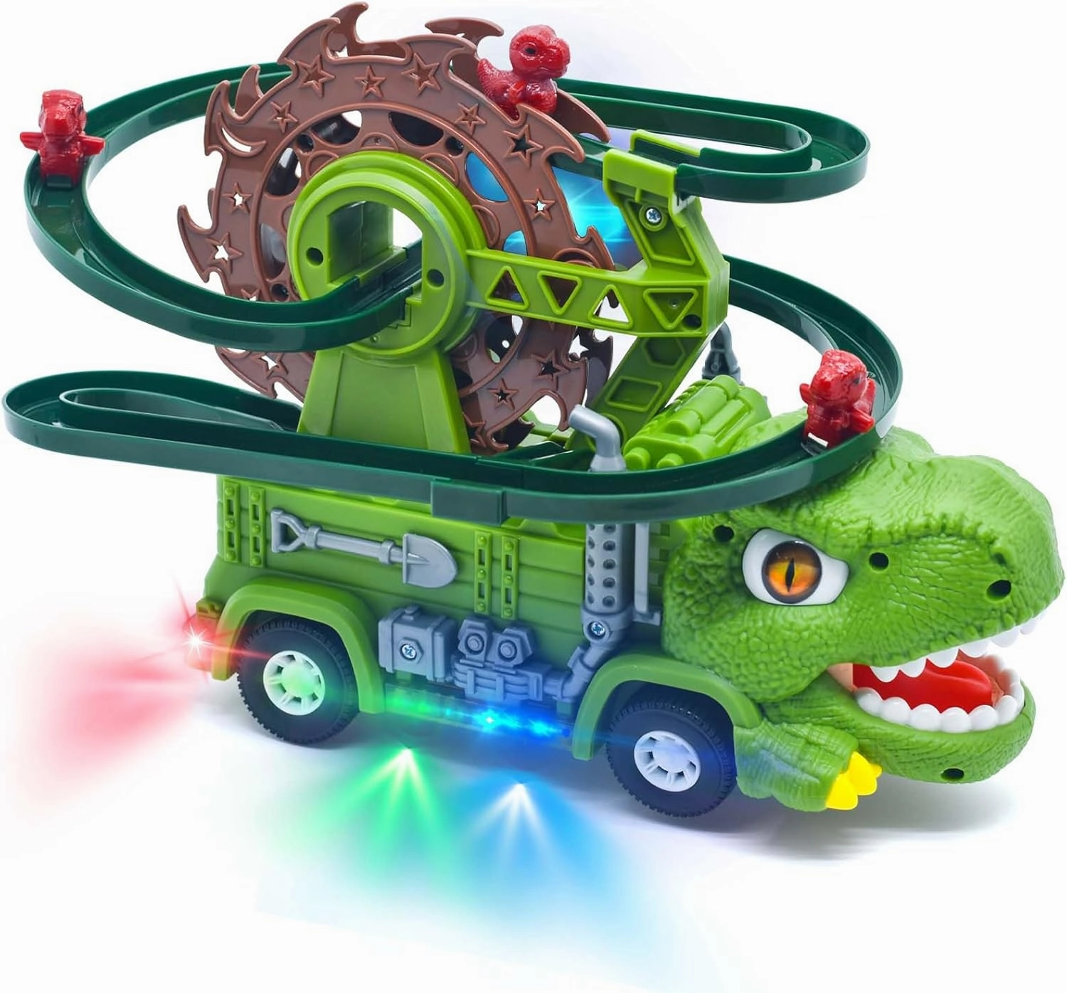 2 in 1 Dinosaur Toy Car Track Set with Light & Sound, Light Up Electric Obstacle-Avoidance Steering T-Rex Toy Vehicle, Birthday Gifts for Kids Toddlers Boys
