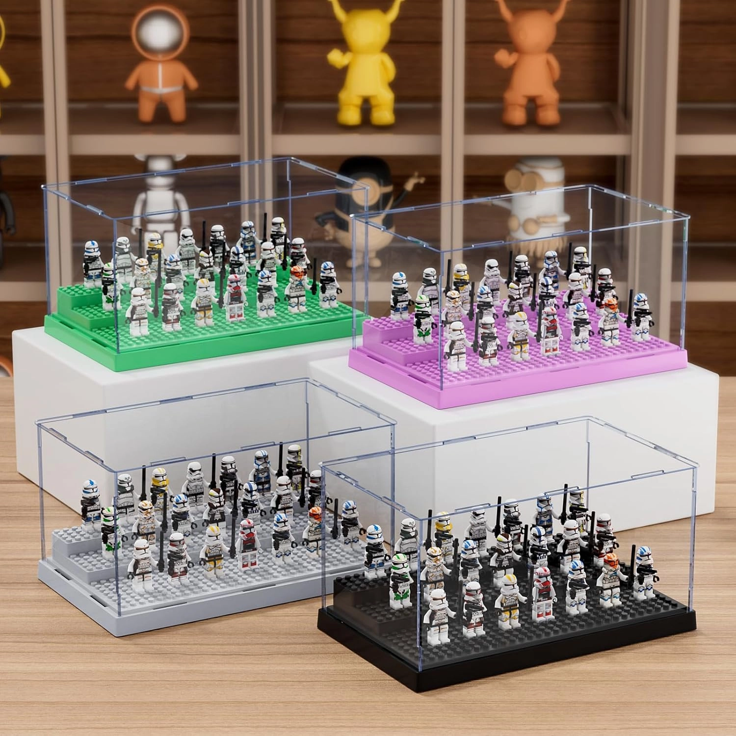 2 Pack Minifigure Display Case for Action Figures Blocks, Clear Dustproof Acrylic Display Box Storage with 3 Movable Steps Gifts for Children,Black…