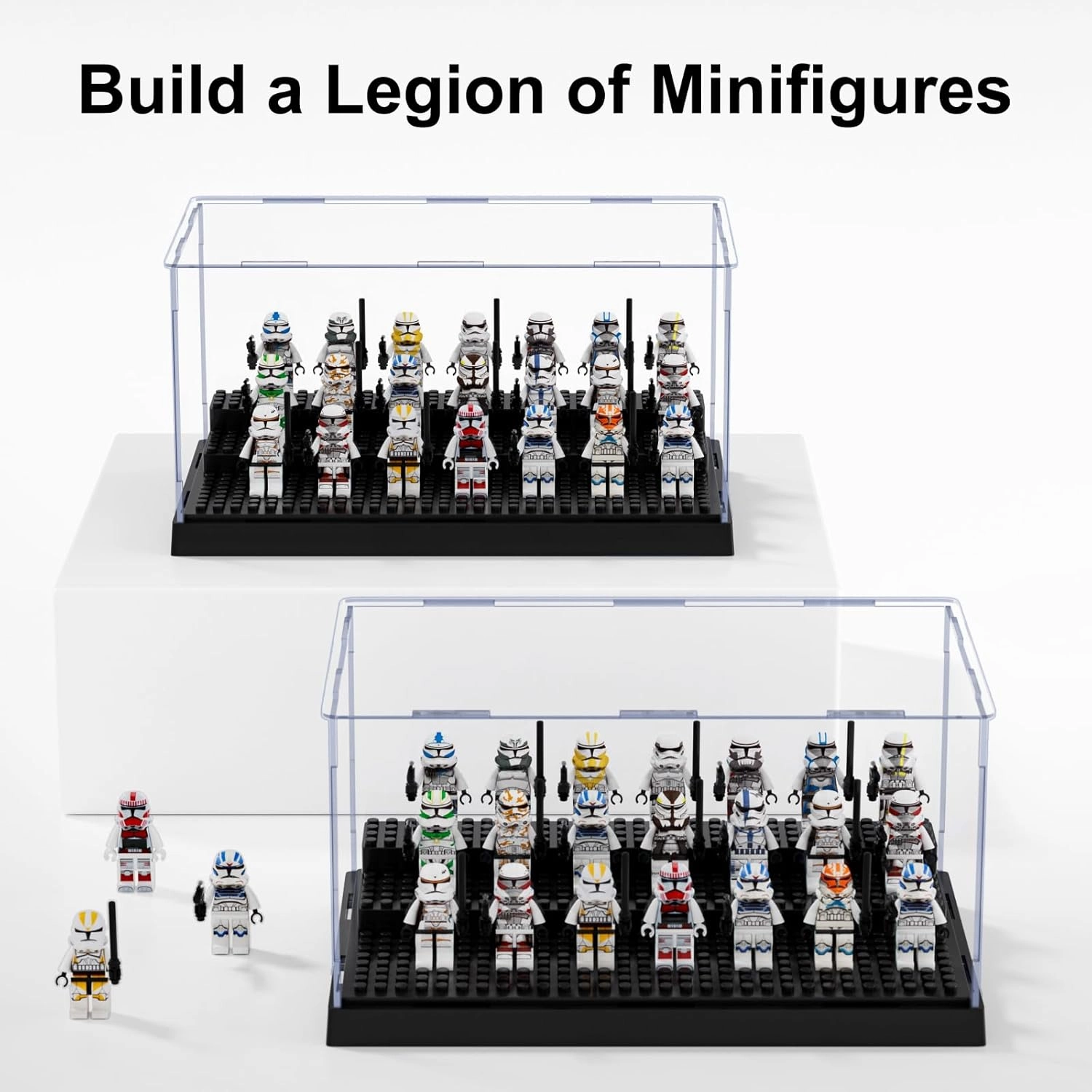 2 Pack Minifigure Display Case for Action Figures Blocks, Clear Dustproof Acrylic Display Box Storage with 3 Movable Steps Gifts for Children,Black…