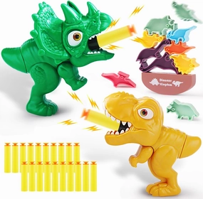 2 Pack Shooting Game Dinosaur Gun Toy for 3 4 5 6 7 8 Years, Child Pistol Outdoor Sport 20 Foam Darts Target Compatible with Nerf, Small Dinosquard Blasters for Kids Boys Girls Holiday Birthday Gift