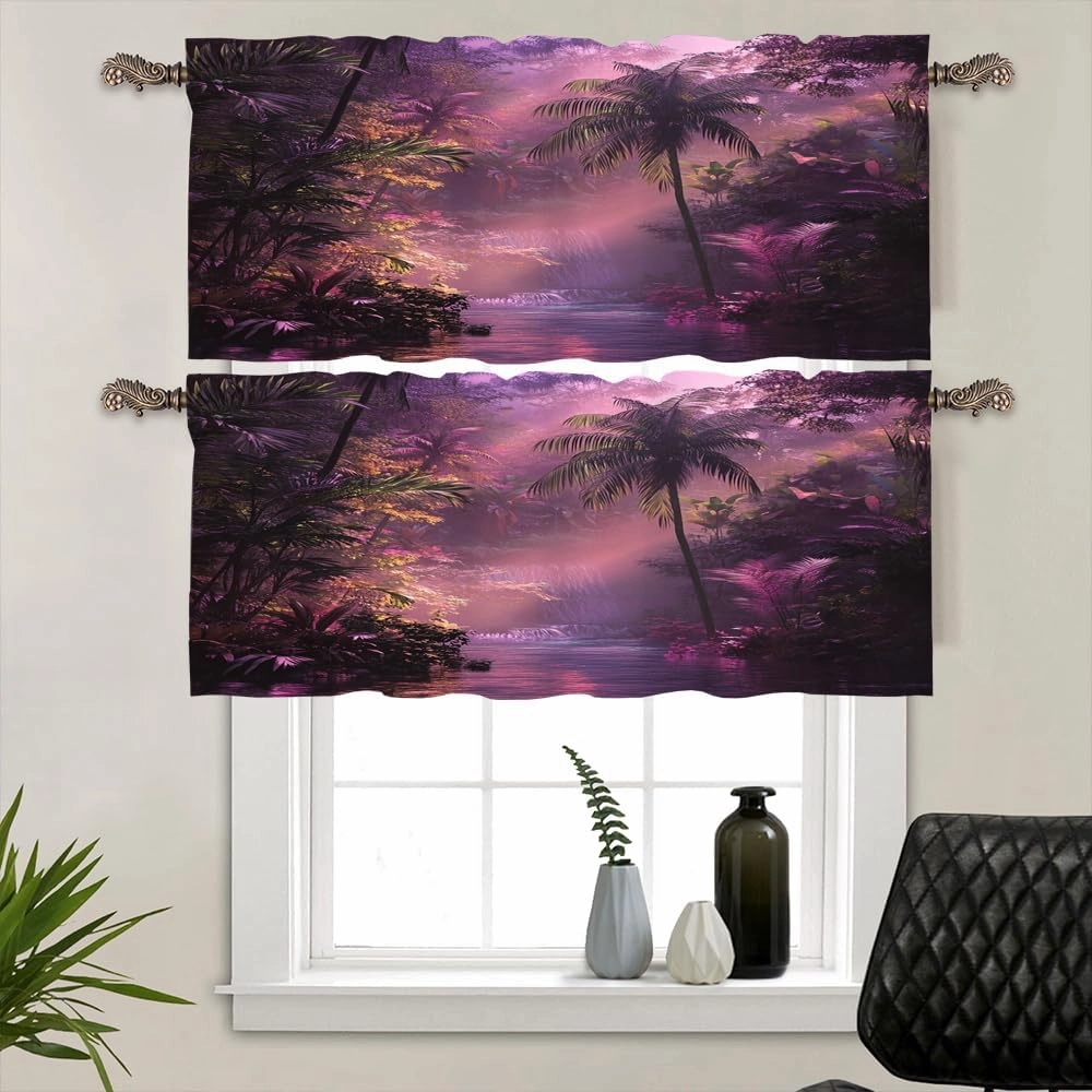 2 Panels Tropical Forest River Valances for Windows, Jungle Stream Tree Scenery Rod Pocket Valance Curtains Home Decor Window Treatment for Kitchen/Living Room, 54" W X 18" L