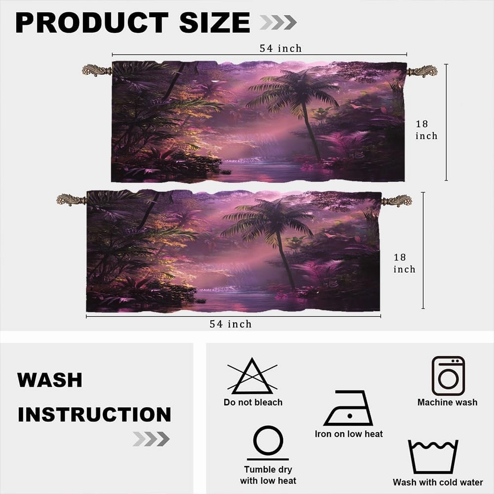 2 Panels Tropical Forest River Valances for Windows, Jungle Stream Tree Scenery Rod Pocket Valance Curtains Home Decor Window Treatment for Kitchen/Living Room, 54" W X 18" L