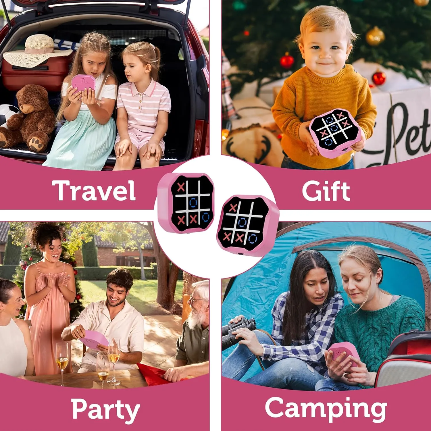 3 in 1 Electronic Tic Tac Toe Game, Handheld Digital Tic Tac Toe Bolt Game with Silent Mode, Portable Learing Toy Gift for Kids & Adults, Pink
