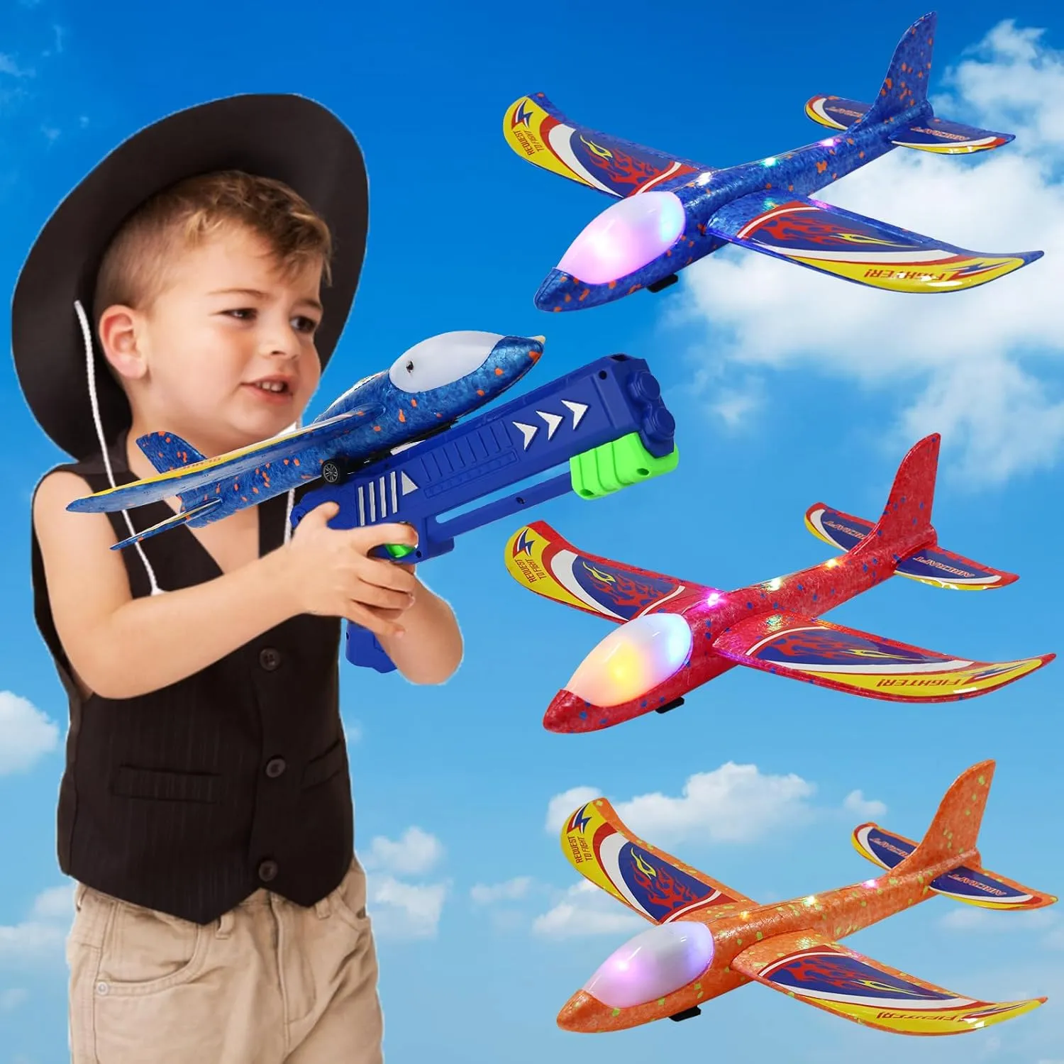 3 Pack Foam Airplane Launcher Toys, LED Glider Catapult Plane Set for Boys, Perfect Outdoor Fun and Exciting Airplane Toys,3 4 5 6 7 8 9 10 11 12 Year Old Boys Girls Gifts
