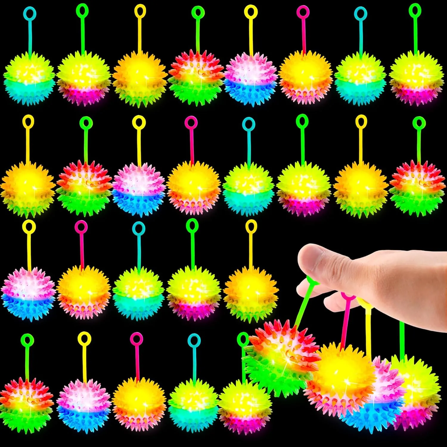 30 Pcs Bouncy Light up Ball Double Color Spiky Ball with Rope LED Flashing Light Spiky Toy for Kids and Adults Birthday Party Favors Carnival Prizes Classroom Rewards