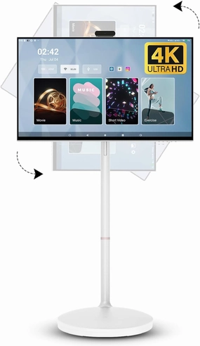 32 Inch 4K Portable Smart Monitor, 8 128GB, Qualcomm 665 CPU, Battery Operated with 10H Life Time, Android OS 13, Rolling Touch Screen on Wheels, Air Remote Mouse, with 5MP Webcam