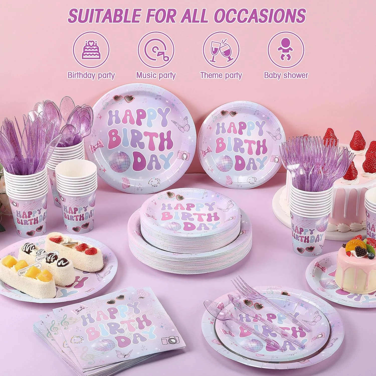 350 Pcs Iridescent Happy Birthday Party Supplies - Disposable 9'' & 7'' Paper Plates, 9 oz Cups, Cutlery, Napkins Dinnerware Set for 50 Guests (Colorful)