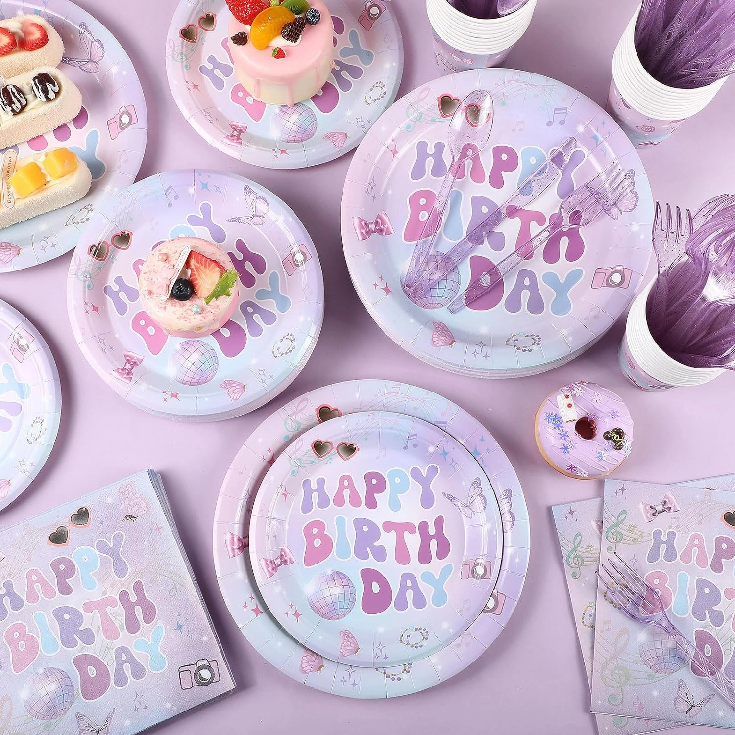 350 Pcs Iridescent Happy Birthday Party Supplies - Disposable 9'' & 7'' Paper Plates, 9 oz Cups, Cutlery, Napkins Dinnerware Set for 50 Guests (Colorful)