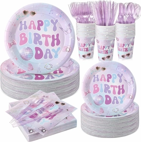 350 Pcs Iridescent Happy Birthday Party Supplies - Disposable 9'' & 7'' Paper Plates, 9 oz Cups, Cutlery, Napkins Dinnerware Set for 50 Guests (Colorful)