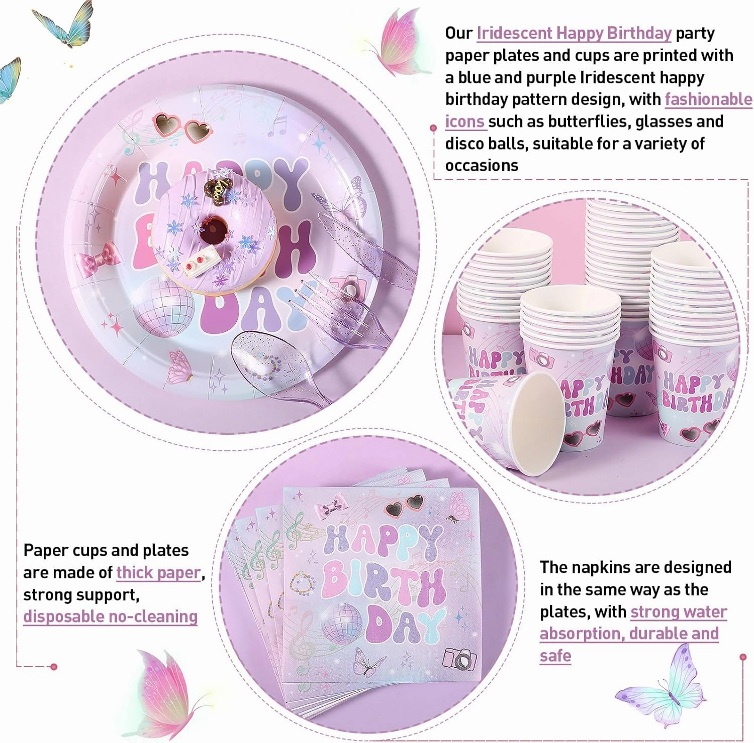 350 Pcs Iridescent Happy Birthday Party Supplies - Disposable 9'' & 7'' Paper Plates, 9 oz Cups, Cutlery, Napkins Dinnerware Set for 50 Guests (Colorful)