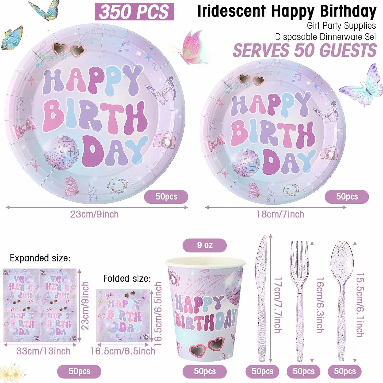 350 Pcs Iridescent Happy Birthday Party Supplies - Disposable 9'' & 7'' Paper Plates, 9 oz Cups, Cutlery, Napkins Dinnerware Set for 50 Guests (Colorful)