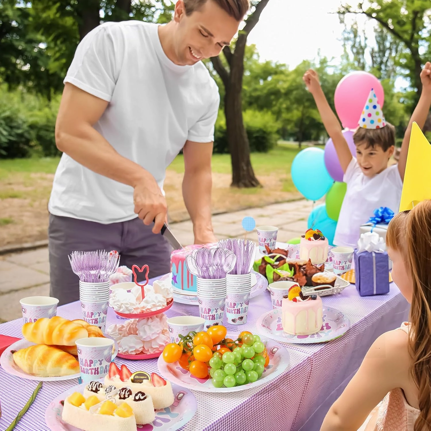 350 Pcs Iridescent Happy Birthday Party Supplies - Disposable 9'' & 7'' Paper Plates, 9 oz Cups, Cutlery, Napkins Dinnerware Set for 50 Guests (Colorful)