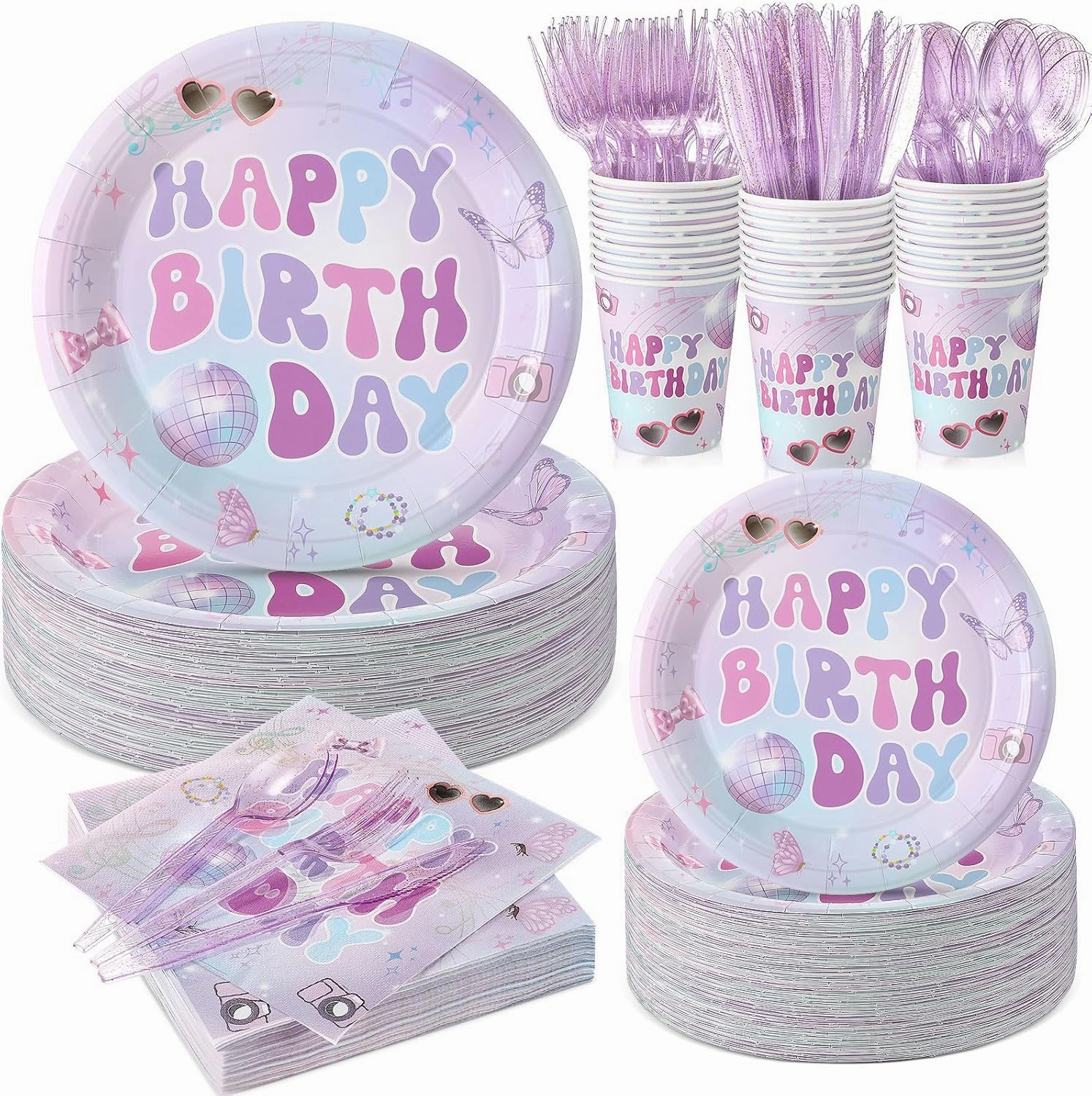 350 Pcs Iridescent Happy Birthday Party Supplies - Disposable 9'' & 7'' Paper Plates, 9 oz Cups, Cutlery, Napkins Dinnerware Set for 50 Guests (Colorful)