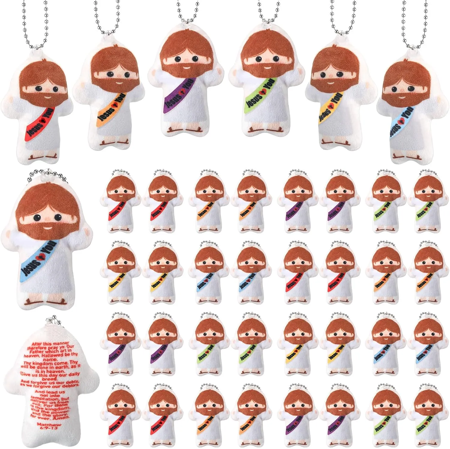 36 Pcs Mini Jesus Plush Keychains Little Figures with Our Father Prayer Toys Miniature Figurines Jesus Love You Sunday School Religious Gifts