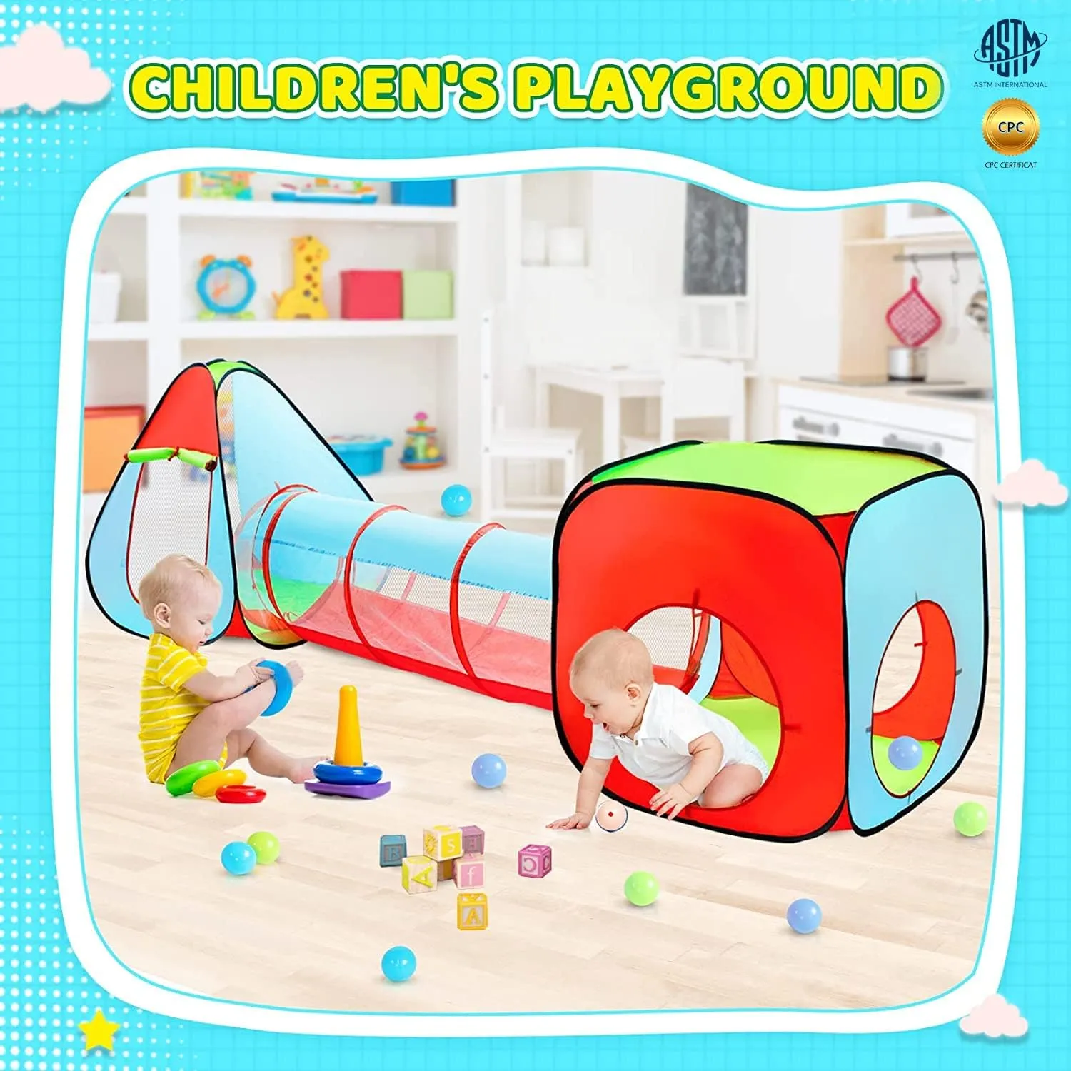 3pc Kids Play Tent for Toddler with Ball Pit Crawl Tunnel Castle Tent, Pop Up Children Playhouse for Boys and Girls Gift, Collapsible Baby Play Tent Toy Indoor and Outdoor Games