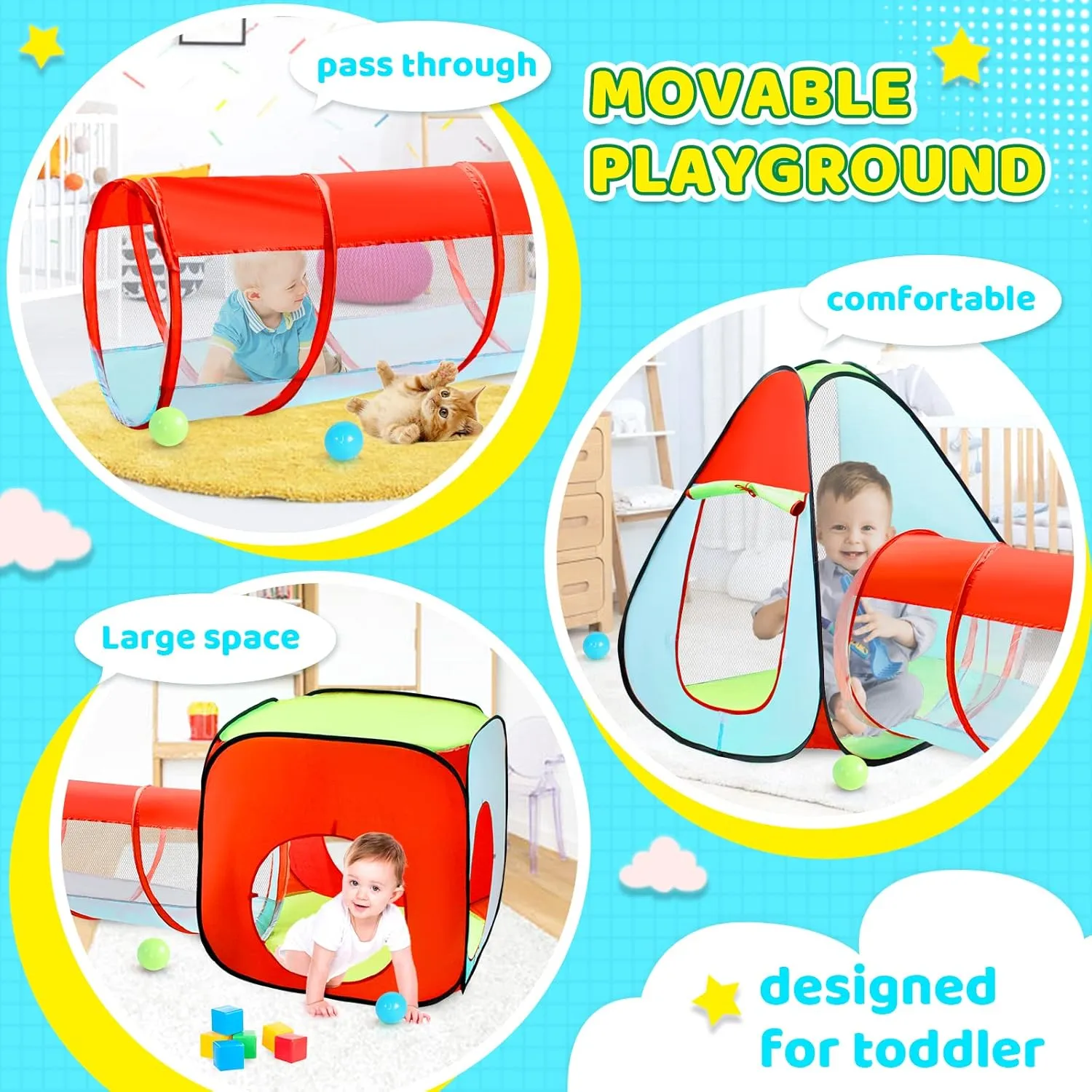 3pc Kids Play Tent for Toddler with Ball Pit Crawl Tunnel Castle Tent, Pop Up Children Playhouse for Boys and Girls Gift, Collapsible Baby Play Tent Toy Indoor and Outdoor Games