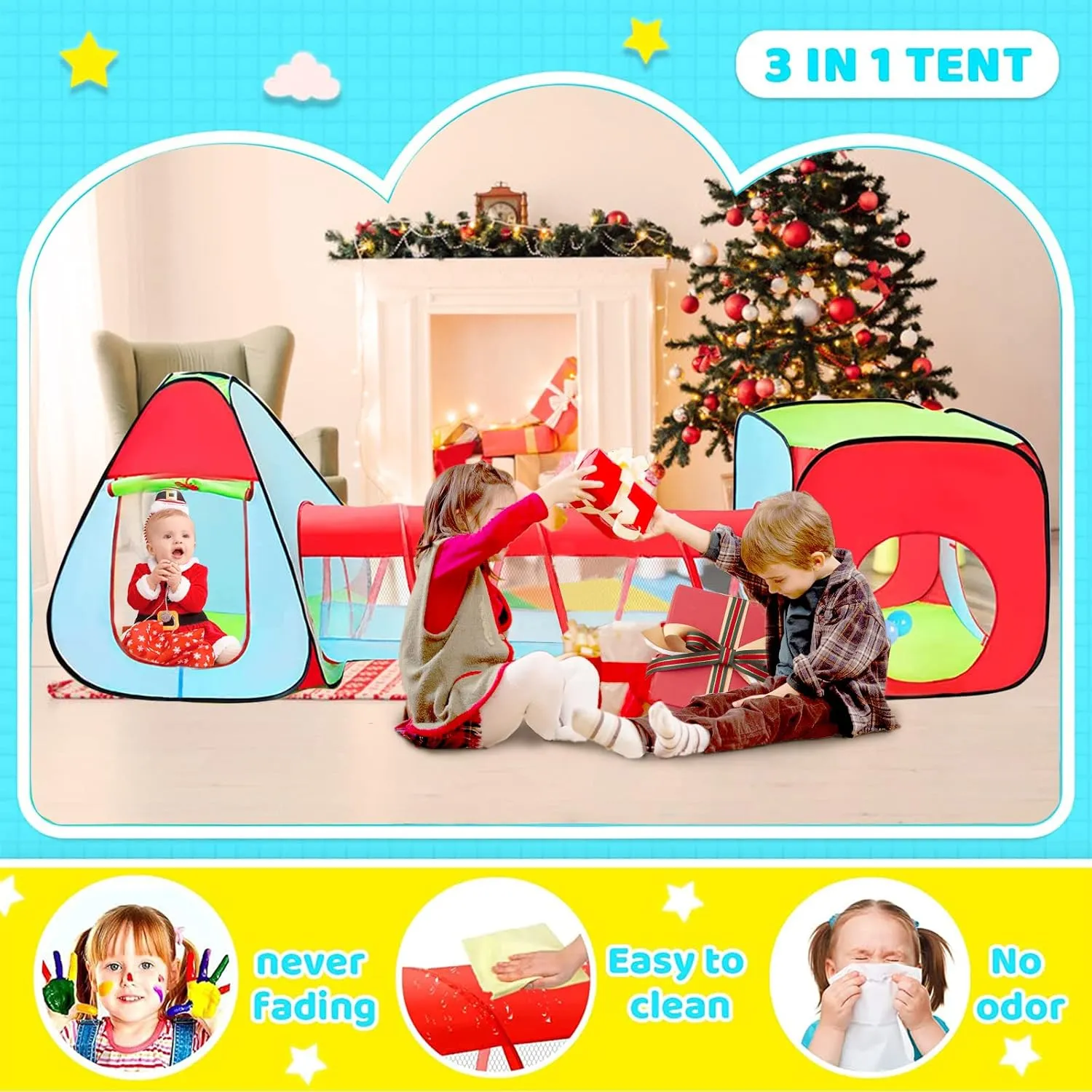 3pc Kids Play Tent for Toddler with Ball Pit Crawl Tunnel Castle Tent, Pop Up Children Playhouse for Boys and Girls Gift, Collapsible Baby Play Tent Toy Indoor and Outdoor Games
