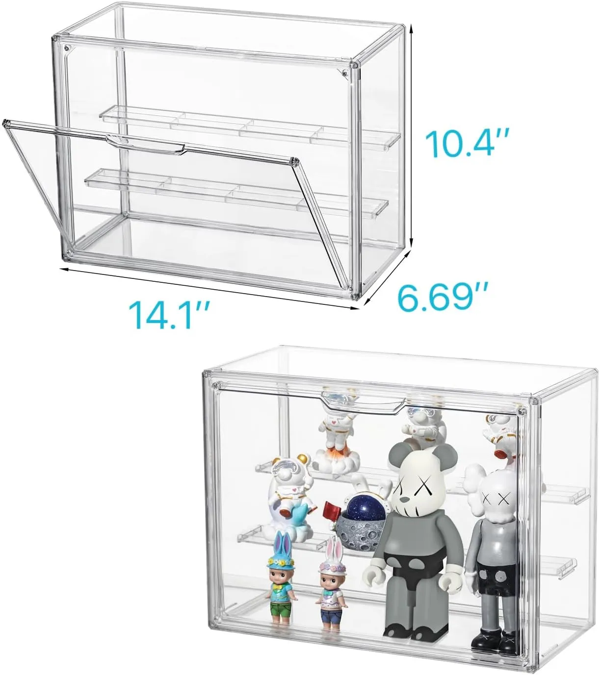 4 Pcs Clear Acrylic Display Case 3 Tier Display Shelf with 2 Movable Plates, Stackable Display Box Showcase with Magnetic Door for Action Figures