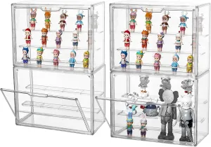 4 Pcs Clear Acrylic Display Case 3 Tier Display Shelf with 2 Movable Plates, Stackable Display Box Showcase with Magnetic Door for Action Figures