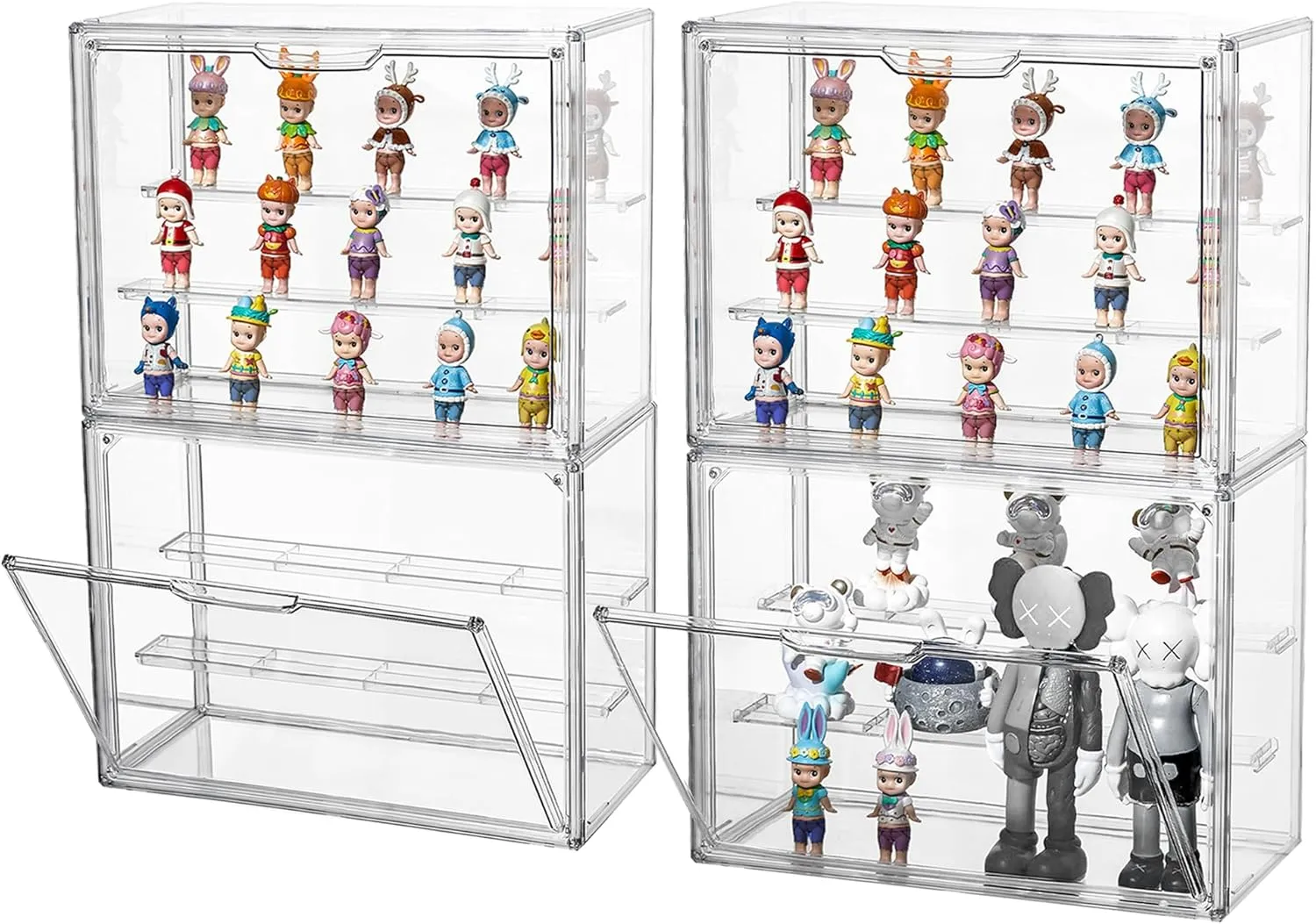 4 Pcs Clear Acrylic Display Case 3 Tier Display Shelf with 2 Movable Plates, Stackable Display Box Showcase with Magnetic Door for Action Figures