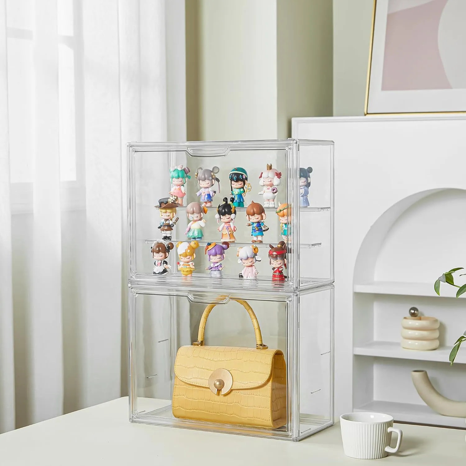 4 Pcs Clear Acrylic Display Case 3 Tier Display Shelf with 2 Movable Plates, Stackable Display Box Showcase with Magnetic Door for Action Figures